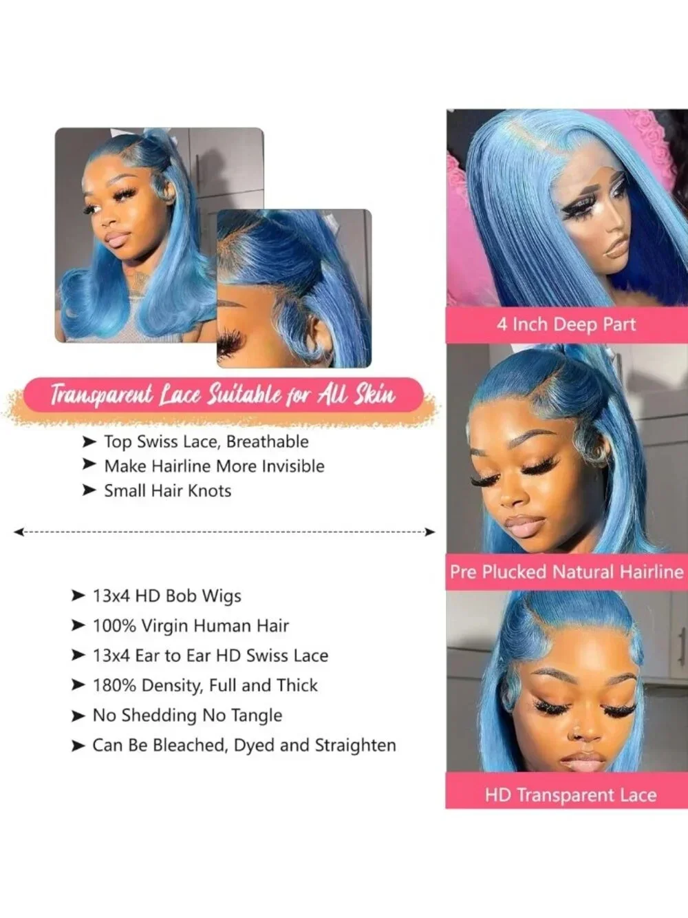 Light Blue Bob Wig 13x4 HD Lace Front, Glueless, 8-Inch Straight, Brazilian